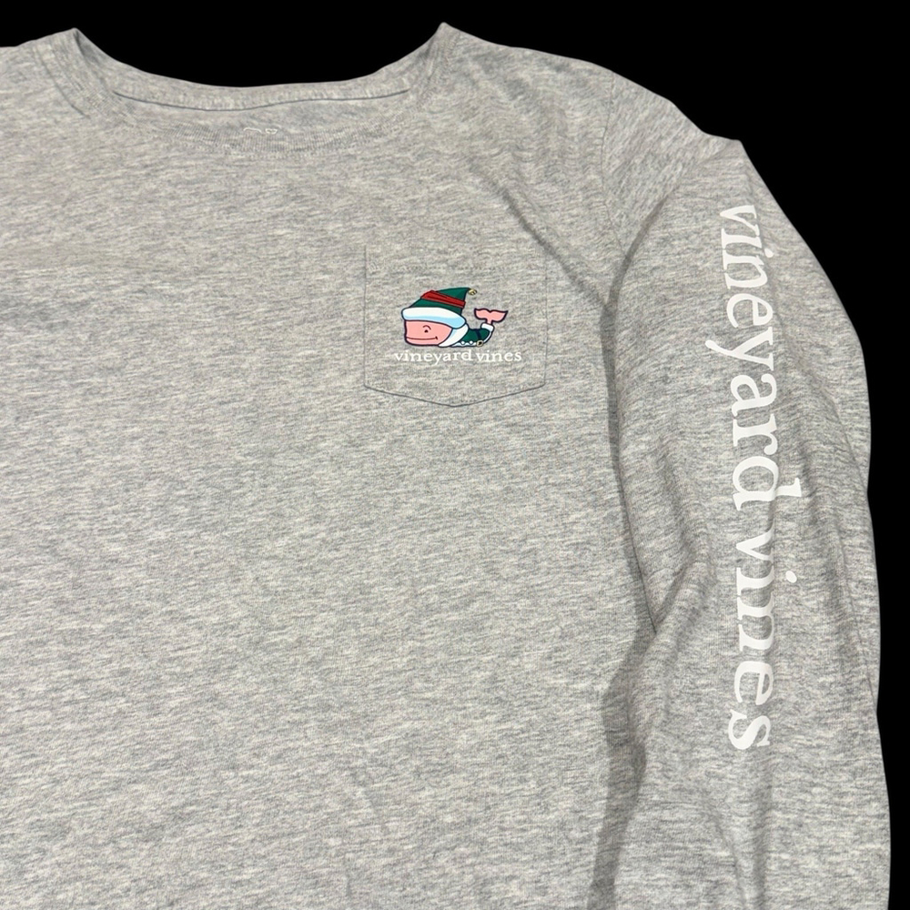 Vineyard Vines Merry Christmas Whale Long Sleeve Pocket Tee Size Youth L 14 Gray - Picture 3 of 8